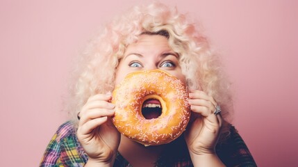 fat women enjoy eating donut, dessert, donut, holding, sweet, fun, women, beauty, cute, young, joyful, hungry, positive, pastry, over weight