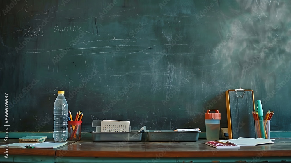 Poster classroom setup with chalkboard and desk