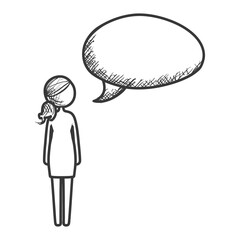 Fototapeta premium woman stick figure speech bubble with engraving style black color only
