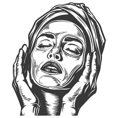 woman using face mask with engraving style black color only