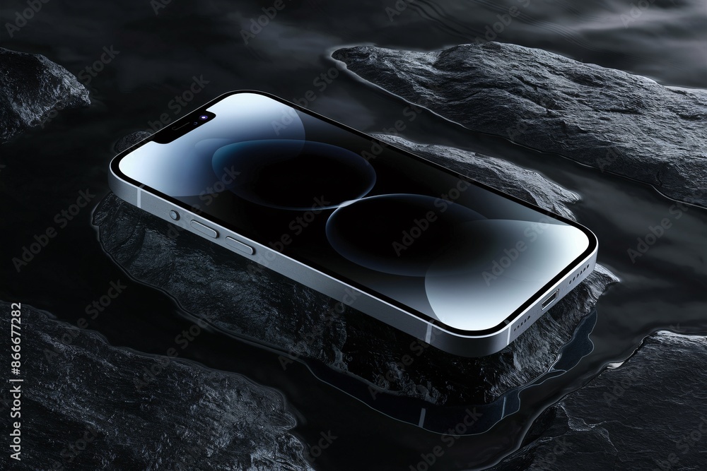 Poster modern smartphone lying on dark rocks. mobile technology with advanced camera system.