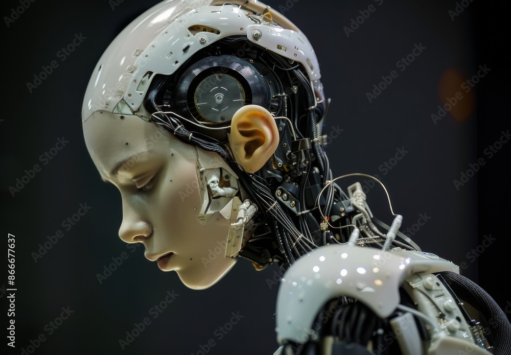 Poster a close up view of a robots head with glowing internal mechanisms