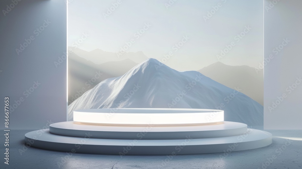 Poster white circular platform with mountain view in minimalist setting