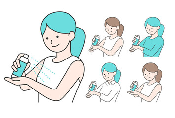 体にスプレーを吹きかける女性のシンプルなイラスト