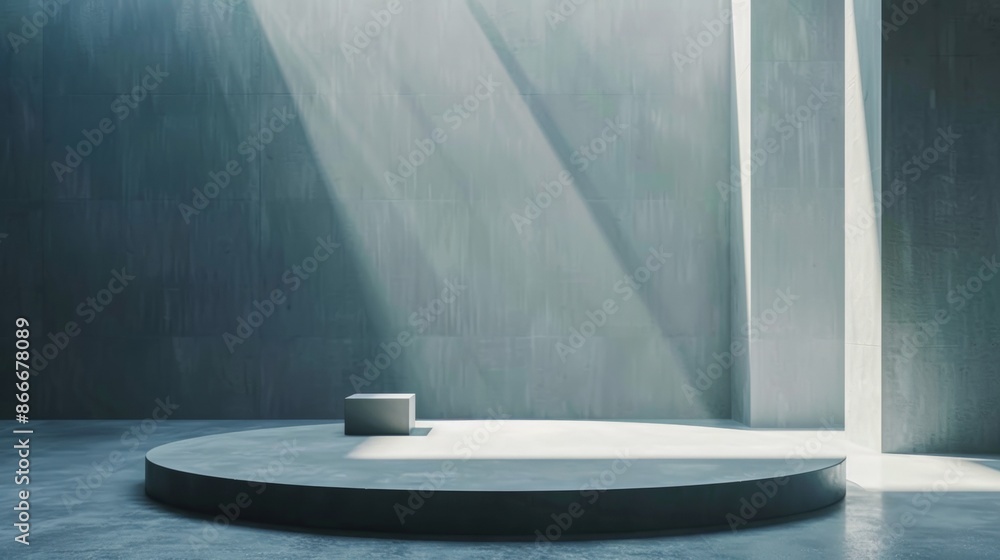 Poster minimalist product display with circular platform and sunlight