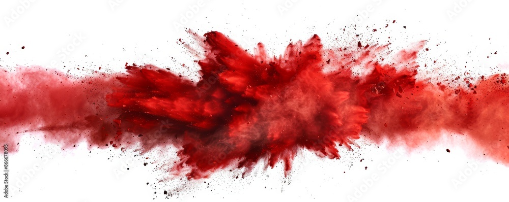 Poster vibrant red powder explodes on a white background, creating a dynamic abstract shape. evoking chaos 
