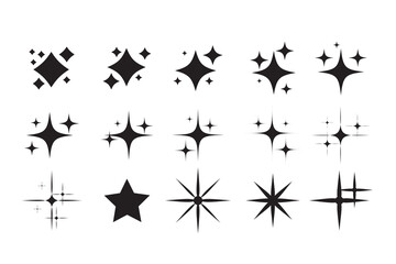 Twinkle stars set collection. Set of black stars. Set of star sparkling and twinkling cartoon. Vector illustration. Isolated on white background. shining star icons, abstract sparkle black silhouette