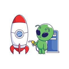 Cute alien refueling rocket Cartoon Vector