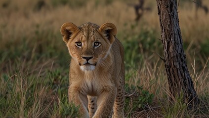 Obraz premium lion cub in the grass