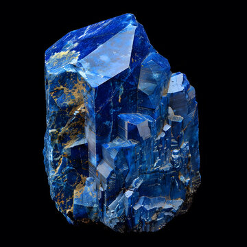 Large, blue lapis lazuli crystal cluster isolated on black. Cluster is sharp and well-defined. Specimen is deep blue color