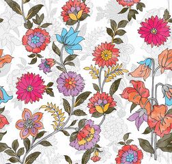 seamless repeat pattern watercolor flowers and leaves for background texture, wrapping paper, textile or wallpaper design. 