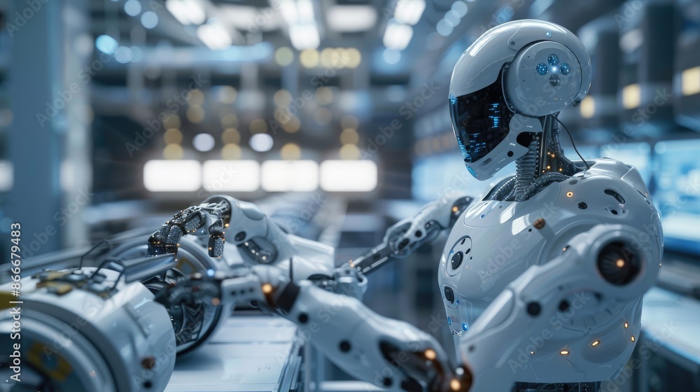 Poster smart manufacturing: an ai robot operating a robotic arm for assembly in a high-tech factory, highli