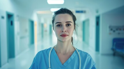Fototapeta premium Female nurse in hospital corridor portrait.