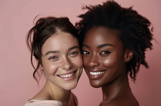 Two Women Smiling Together In Front of Pink Background