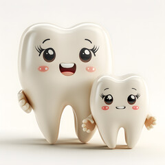 Cartoon depiction of two teeth 3d. Both teeth have human-like features including large eyes, eyelashes, and smiling mouth. The background of the image is a simple, white surface. 