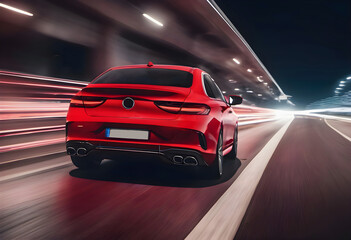 Naklejka premium Red car on the road rides at speed in thr night with motion blur background, extreme