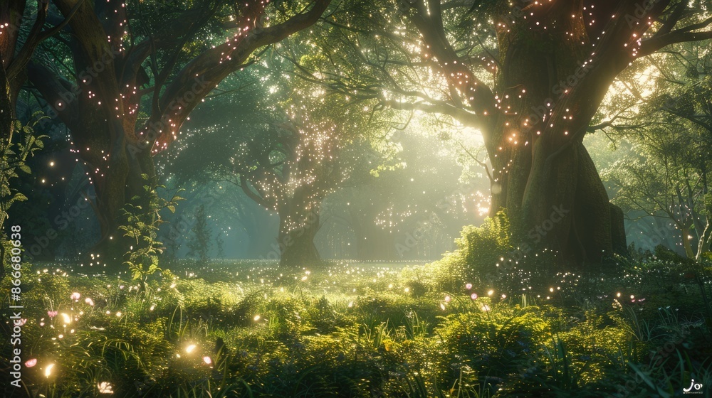 Poster enjoy a breathtaking view of a magical forest with tall trees and early light seeping through the br