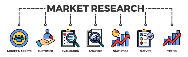 Market research banner web icon illustration concept with icon of target markets, customer, evaluation, analysis, statistics, survey and trend