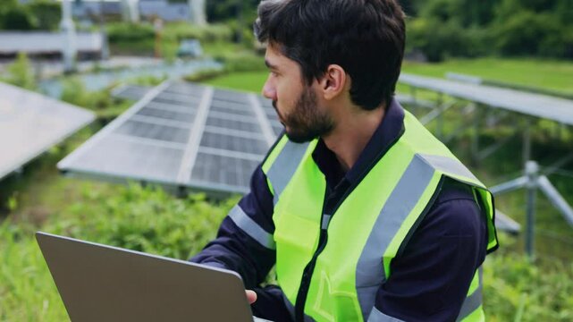 Engineer checks the operation of solar panel power plant after installation, clean energy for sustainability power in net zero and environmental, social, and governance ESG