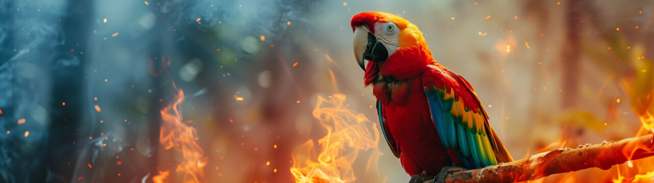 parrot double exposure with a burning jungle, concept of species extinction through slash-and-burn agriculture, created with generative AI technology