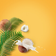 coconuts with milk splash and leaf on a yellow background