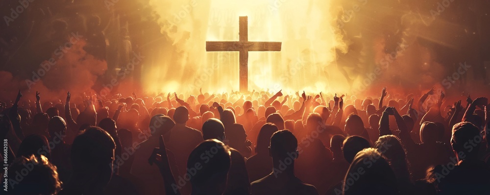 Wall mural crowd of people are cheering and raising their hands in front of a giant illuminated christian cross