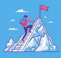woman in business attire climbing the steps of a mountain
