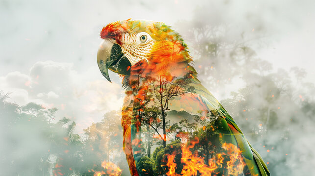parrot double exposure with a burning jungle, concept of species extinction through slash-and-burn agriculture, created with generative AI technology