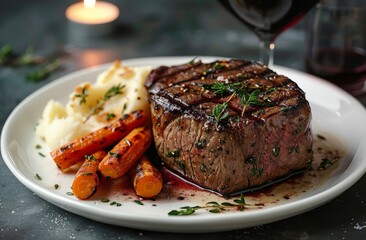 Grilled Steak Dinner With Mashed Potatoes and Carrots