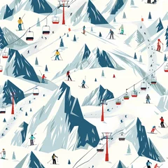 Colorful illustration of people skiing and riding a gondola in the mountains Seamless pattern
