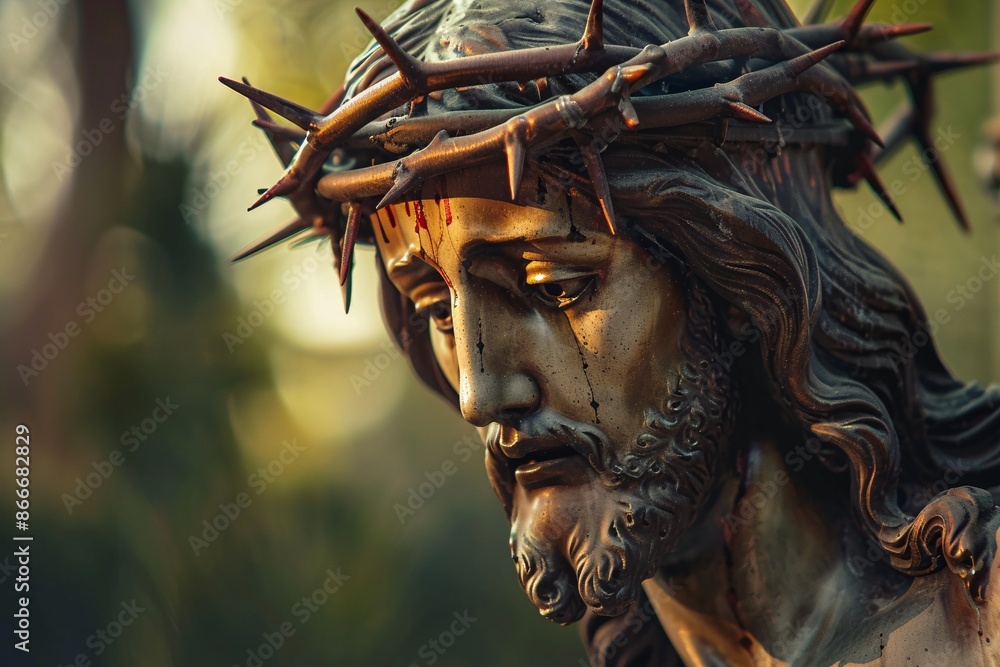 Wall mural close-up of a statue of jesus christ wearing a crown of thorns, his face conveying deep sorrow and p