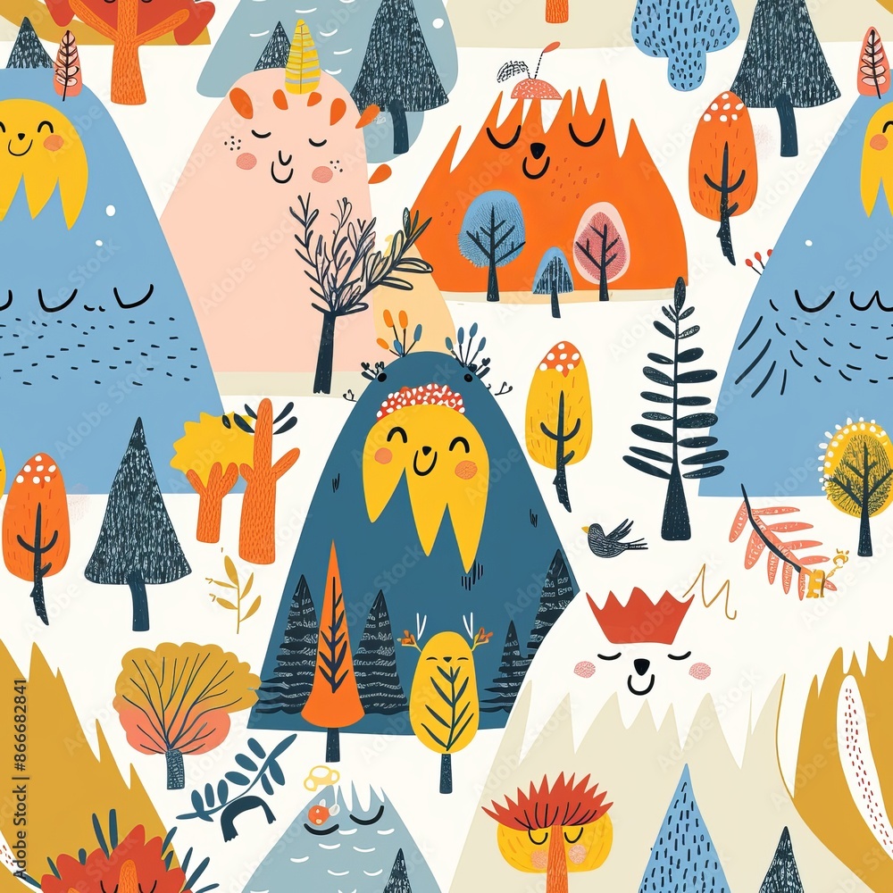 Poster colorful smiling mountains and trees in a happy forest pattern seamless pattern