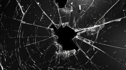 Abstract black background with broken glass texture and bullet hole.