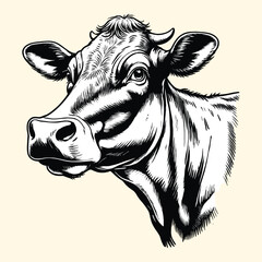 Funny Cow Head Illustration Hand Drawn Animal Engraved Style