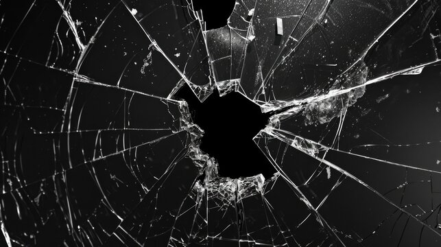 Abstract black background with broken glass texture and bullet hole.