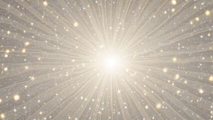 a radiant burst of white light at the center, with sparkling particles and beams extending outward, creating a starry, ethereal background
