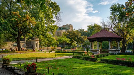 Naklejka premium A picturesque city park with adaptive reuse of old structures turned into green spaces.