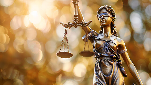 statue of Lady Justice, an iconic symbol of justice and fairness. She is depicted holding a scale in one hand and a sword in the other. The statue is adorned with a blindfold, symbolizing impartiality