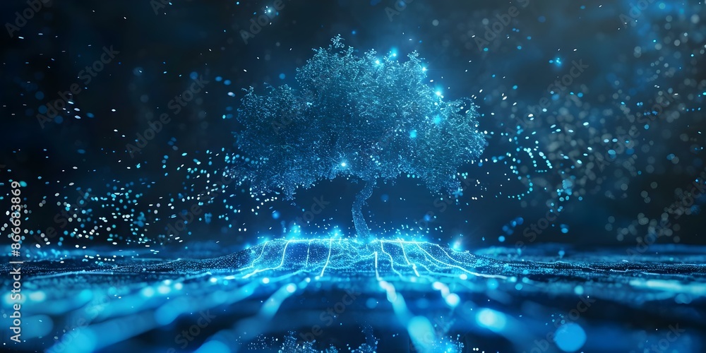 Poster ethereal tree symbolizing secure network with fluttering data leaves in ultra hd. concept ethereal t