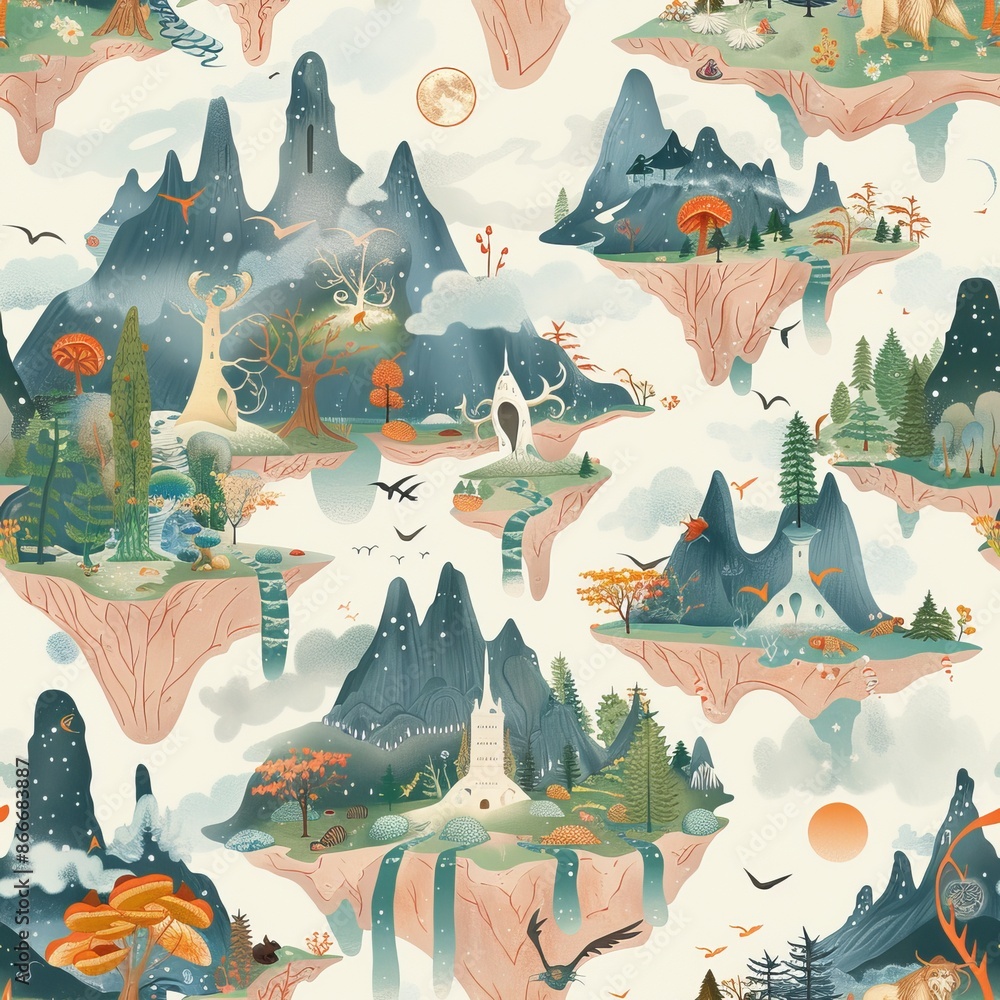 Poster whimsical floating islands with mountain ranges, trees, and waterfall streams seamless pattern
