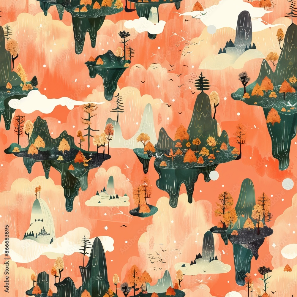 Poster abstract mountain landscape with autumn trees and floating islands seamless pattern