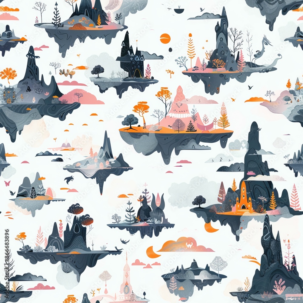 Poster illustrated seamless pattern of floating islands with trees and structures seamless pattern