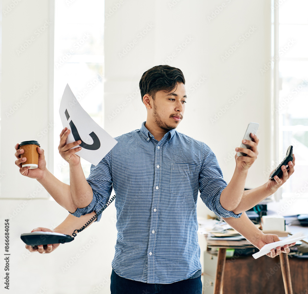Poster Man, office and arms with technology for multitasking on deadline for project, communication and networking. Small business, startup company and employee with pressure for crisis management and admin