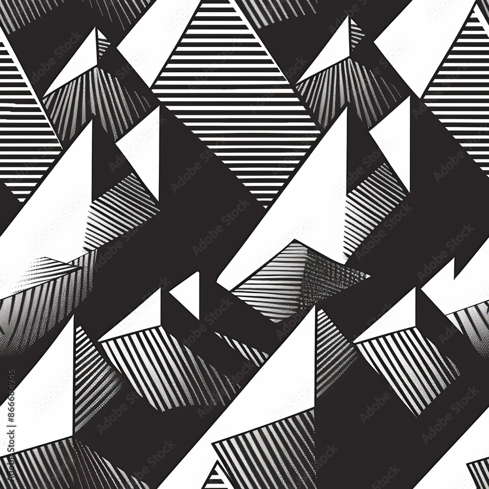 Poster abstract black and white geometric pattern with triangles and stripes seamless pattern