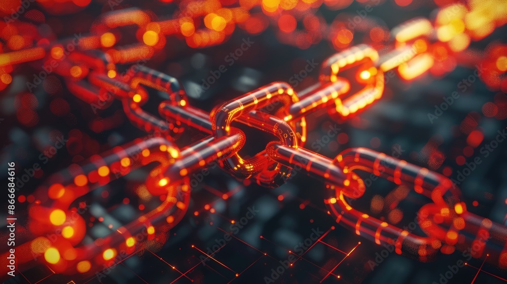 Poster the image shows a glowing red blockchain.