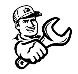 Mechanic or craftsman with wrench. Service repairman with spanner, emblem or symbol. Black and white illustration