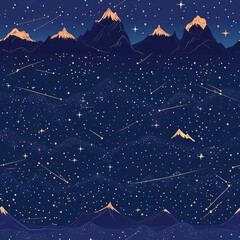 Naklejka premium Night sky over mountain range with stars and shooting stars Seamless pattern