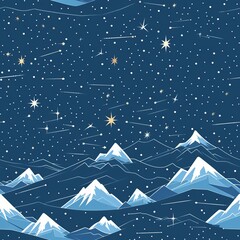 Night sky over snowy mountain range with shooting stars Seamless pattern