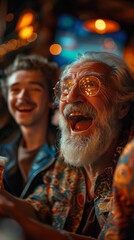 Obraz premium Portrait of old man watching football and cheering in the bar