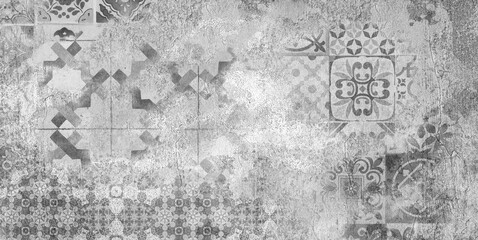 Obraz premium canvas texture background with islamic pattern .the patterns on vintage floor . Old gray rusty vintage worn shabby patchwork motif tiles stone concrete cement wall texture background banner 